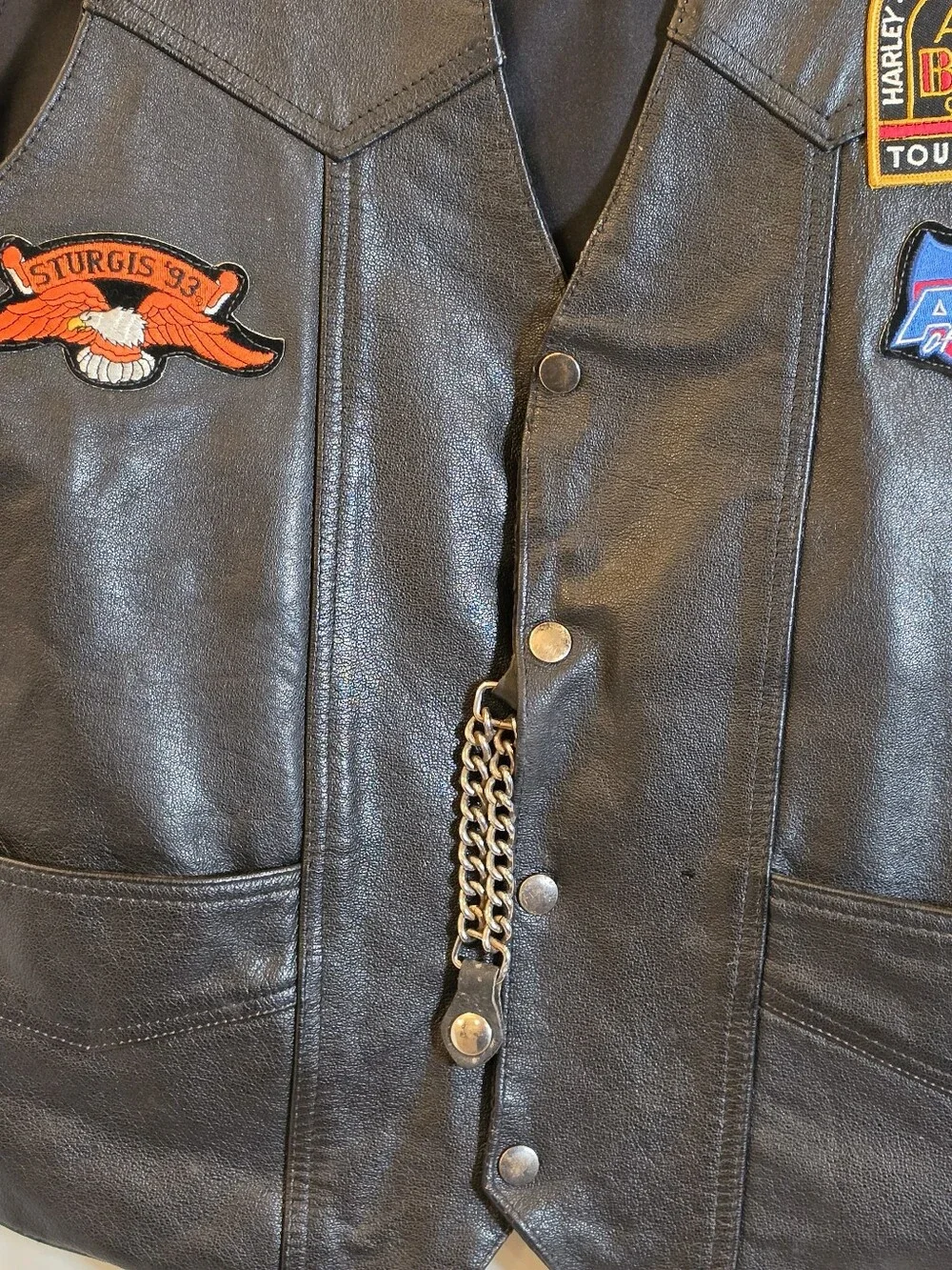 Vintage MOB Leather Biker Vest XL Patched Harley Davidson Bar Shield Sturgis 93